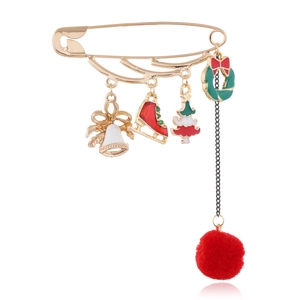 Broche épingle de Noël festive avec breloques, cloches et pompon en peluche rouge
