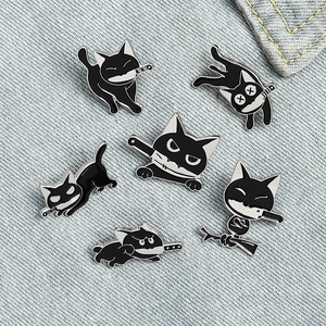 Set of six creative black cat enamel pins featuring funny expressions and knives