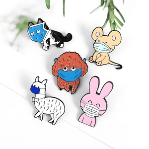 Cartoon Animal Enamel Brooch Pins Cute Masked Alpaca Dog Mouse Cat Alloy Drip Oil Lapel Pin For Backpack Clothing Decor