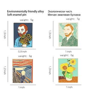 Detailed macro view of Van Gogh Sunflowers and The Scream enamel pins set