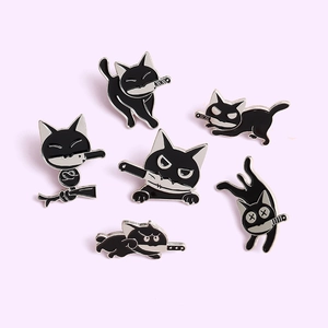 Funny black cat enamel pins set featuring mischievous designs and knives on purple background