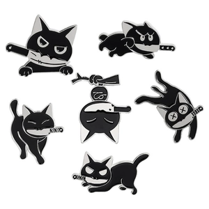 Set of 6 mischievous black cat enamel pins holding knives in various funny creative poses