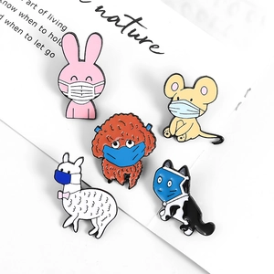 Creative 5-piece set of cartoon animal enamel pins wearing masks in colorful designs