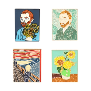 Artistic Van Gogh oil painting enamel pin set featuring Starry Night and Sunflowers