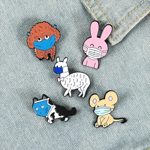 Creative cartoon enamel pin set featuring animals wearing masks on denim background