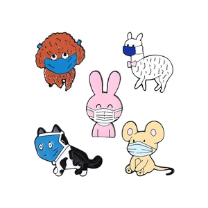 5-piece set of cute cartoon animal enamel pins wearing masks on a white background