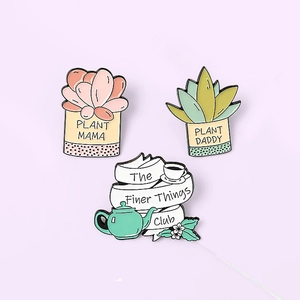 Enamel plant pins set with Plant Mama succulent, Plant Daddy cactus and teapot badges