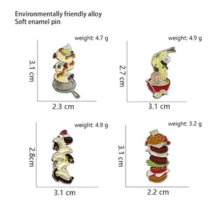 Creative food enamel pins set featuring hamburger, ramen, and dumpling designs in zinc alloy