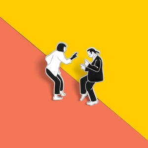 Pulp Fiction enamel pins set featuring Vincent and Mia classic dance figures on yellow background