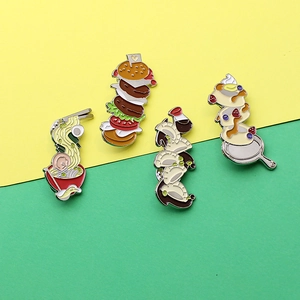 Set of 4 creative food enamel pins featuring ramen, burger, dumplings, and pancakes