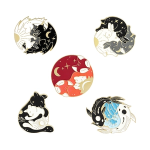 Set of 5 enamel pins featuring yin-yang animal designs like dragons, foxes, and koi fish