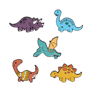 Set of five cute colorful cartoon dinosaur enamel pins with herbivore text