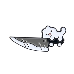 Creative enamel pin featuring a cute white kitten holding a large grey chef knife