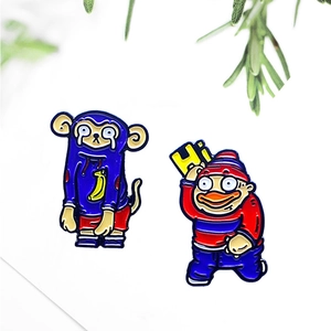 Creative cartoon enamel pin set with crying monkey and character holding a Hi sign