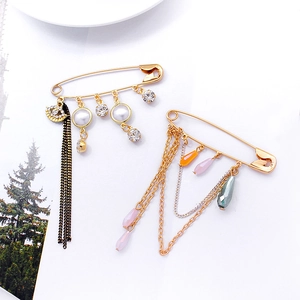 Fashion safety pin brooches with colorful beads, tassels, and honey bee charms on gold alloy