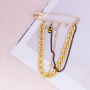 Fashion gold safety pin brooch with multi-layer chains and yellow bee pendant charm