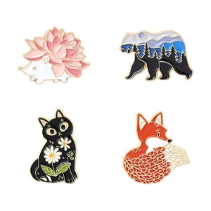 Creative enamel brooches set featuring cute hedgehog, fox, cat, and bear designs