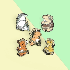 5-piece set of cartoon animal enamel pins featuring shark turtle cow pig and cat designs