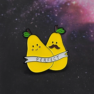 Cartoon pear enamel brooch featuring cute hugging pair with perfect banner on galaxy background