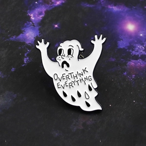 Cartoon ghost enamel pin with OVERTHINK EVERYTHING text on purple galaxy background
