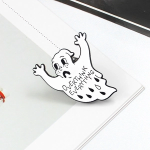Creative white ghost enamel pin featuring Overthink Everything text for clothing decor