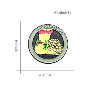Detail showing round enamel pin with bikini design and Fundraising lettering on mint border