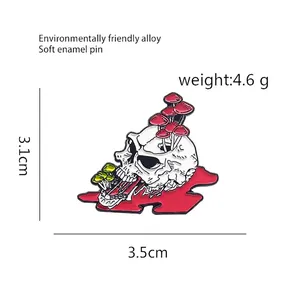 Creative punk skeleton skull enamel brooch with red mushrooms in environmental alloy