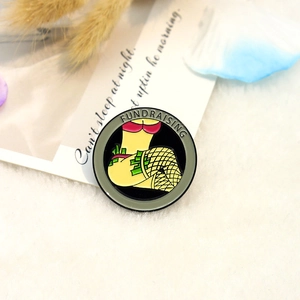 Creative enamel pin featuring bikini stockings design and fundraising text on white fur