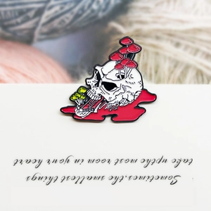 Punk style skull and mushroom enamel pin with creative bone and fungi design