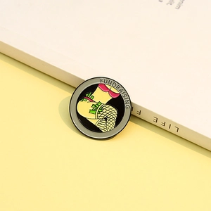 Retro fundraising enamel pin featuring a bikini fishnet design on yellow background
