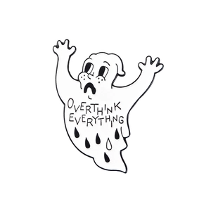 Creative ghost enamel pin with OVERTHINK EVERYTHING text design on white background