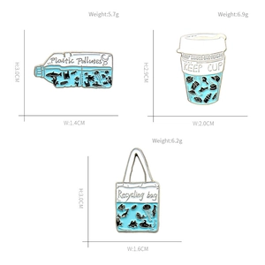 Three-piece eco-friendly enamel pin set with ocean plastic, coffee cup, and recycling bag