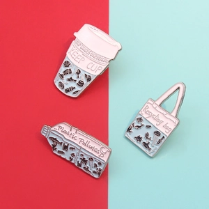 Eco-friendly enamel pins set featuring coffee cup, plastic bottle and shopping bag shapes