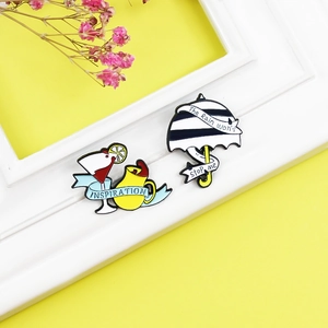 Cartoon enamel pin set with red cocktail and umbrella on yellow background