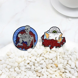 Gothic skull mother and baby with rose garden and green eyeball enamel brooch set