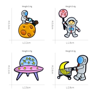 Set of four cute space astronaut enamel pins with moon and UFO designs with size details