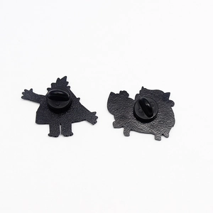 Detail view of the black matte metal back and rubber pin clutch of cartoon enamel pins
