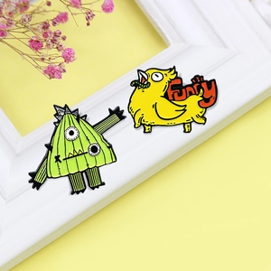 Funny cartoon dachshund chicken and bamboo shoot enamel brooch set with vibrant colors