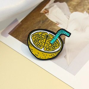 Unique brain juice design enamel brooch with yellow bowl and green straw pin badge