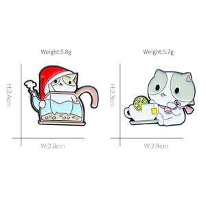 Cartoon enamel cat pins in teapot and teacup designs with product dimensions shown