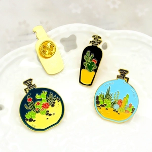 Broches créatives en émail en forme de flacon de parfum avec motifs cactus et plantes