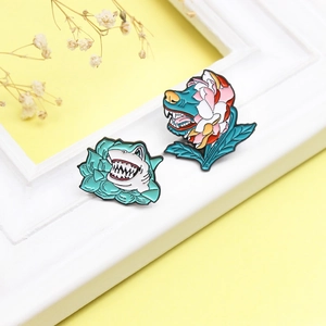 Creative enamel shark and wolf floral pins made of alloy with colorful drip oil finish