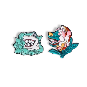 Creative shark and wolf head flower enamel pins set in colorful zinc alloy design