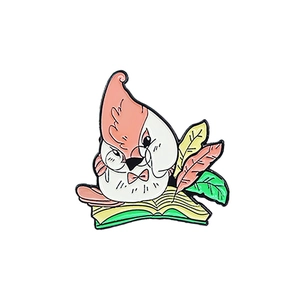 Cartoon enamel bird brooch featuring a mother bird reading with colorful feathers