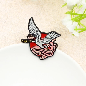 Artistic crane and sun enamel brooch pin with flying bird and pink cloud elements