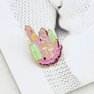 Fantasy mushroom crystal enamel pin with forest and moon design on paper card