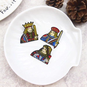 Three-piece poker character enamel pin set featuring King, Queen, and Jack designs