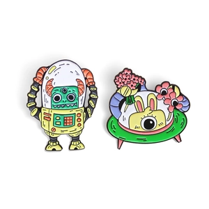 Cartoon robot and bunny in UFO enamel pins made of creative colorful drip oil alloy