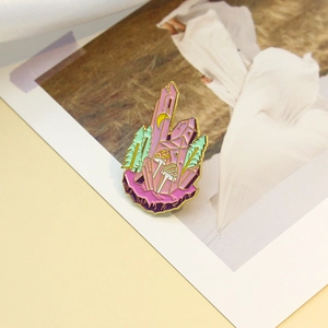 Artistic crystal mushroom brooch with pine trees and moon in dreamy enamel finish