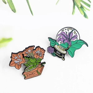 Creative vintage gramophone and lily enamel brooch pin set with Love text on white background